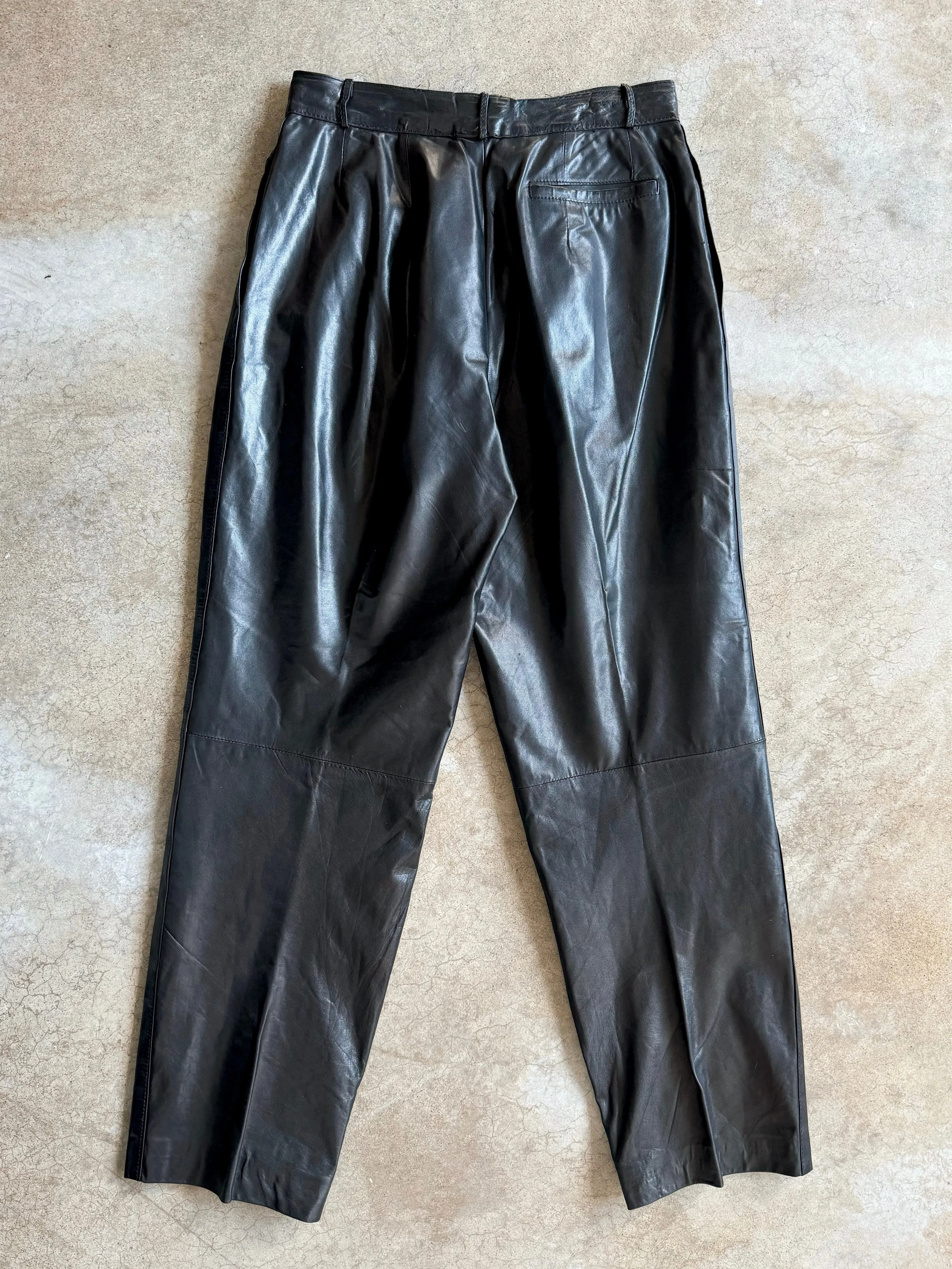 80s Vintage Laurice Black Pleated Leather Trousers (W28")