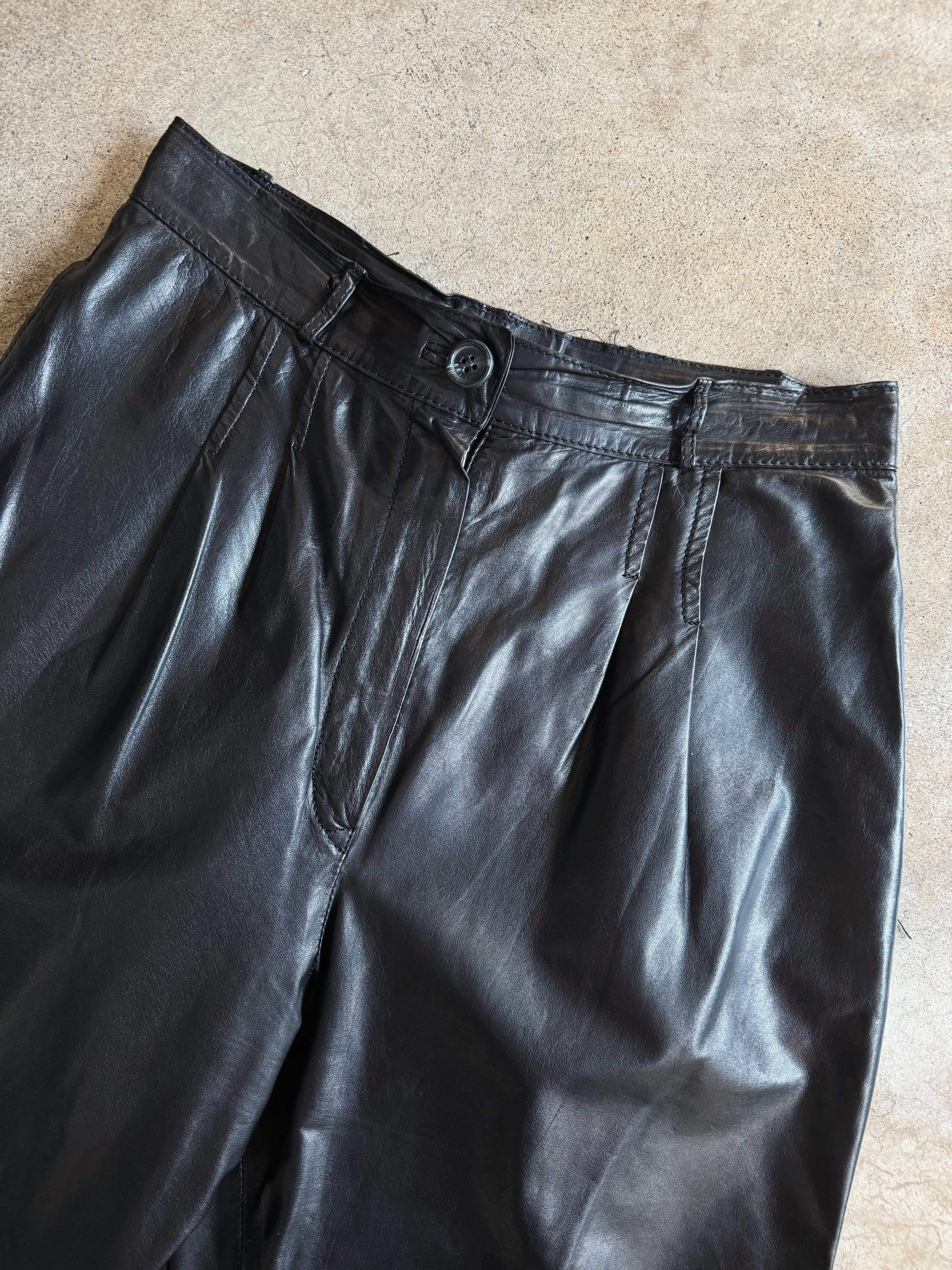 80s Vintage Laurice Black Pleated Leather Trousers (W28")