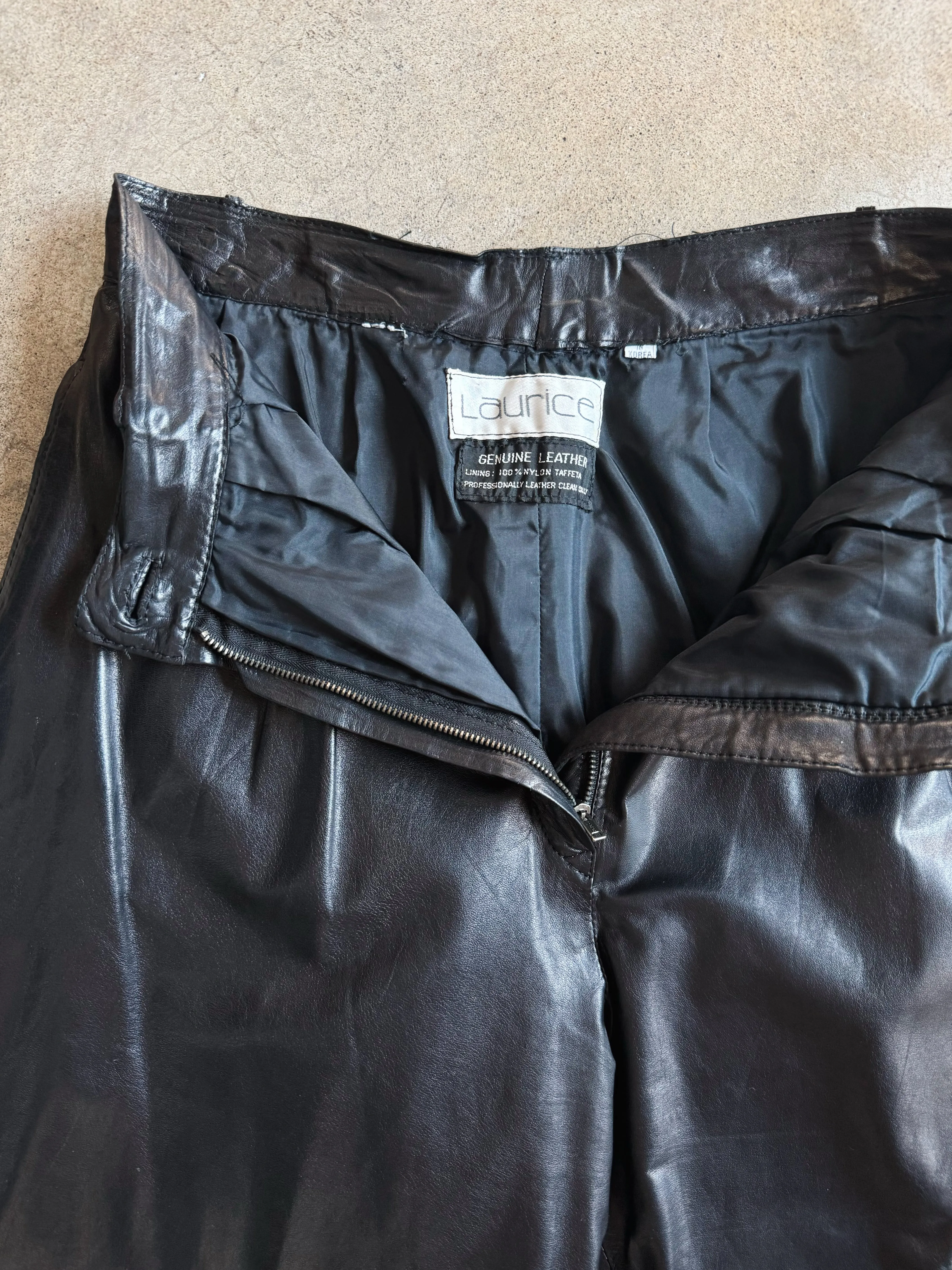80s Vintage Laurice Black Pleated Leather Trousers (W28")
