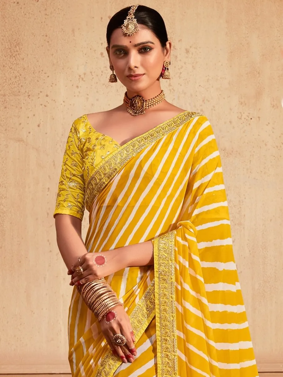 Anouk Yellow Striped Embroidered Pure Georgette Leheriya Saree