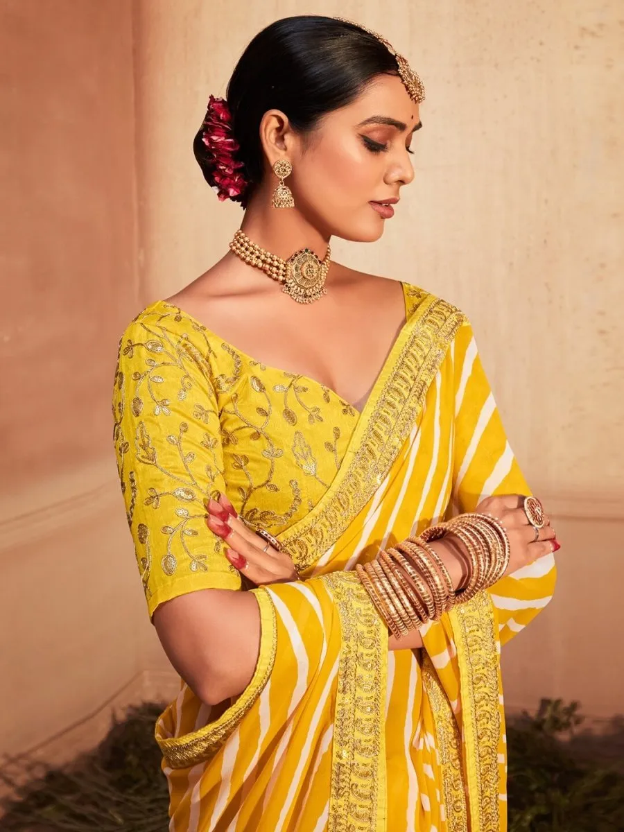 Anouk Yellow Striped Embroidered Pure Georgette Leheriya Saree