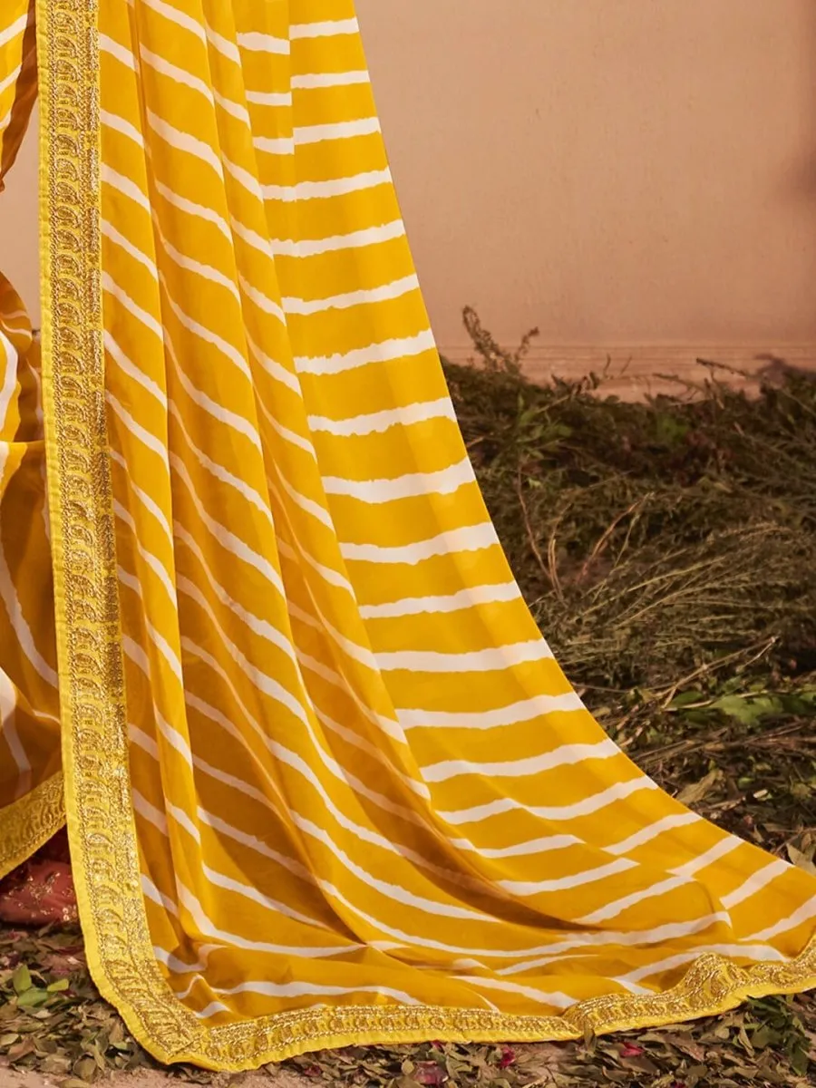 Anouk Yellow Striped Embroidered Pure Georgette Leheriya Saree