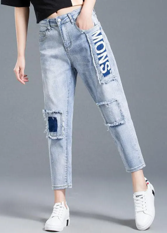 Beautiful Light Blue High Waist Letter Print Cotton Denim Jeans Summer