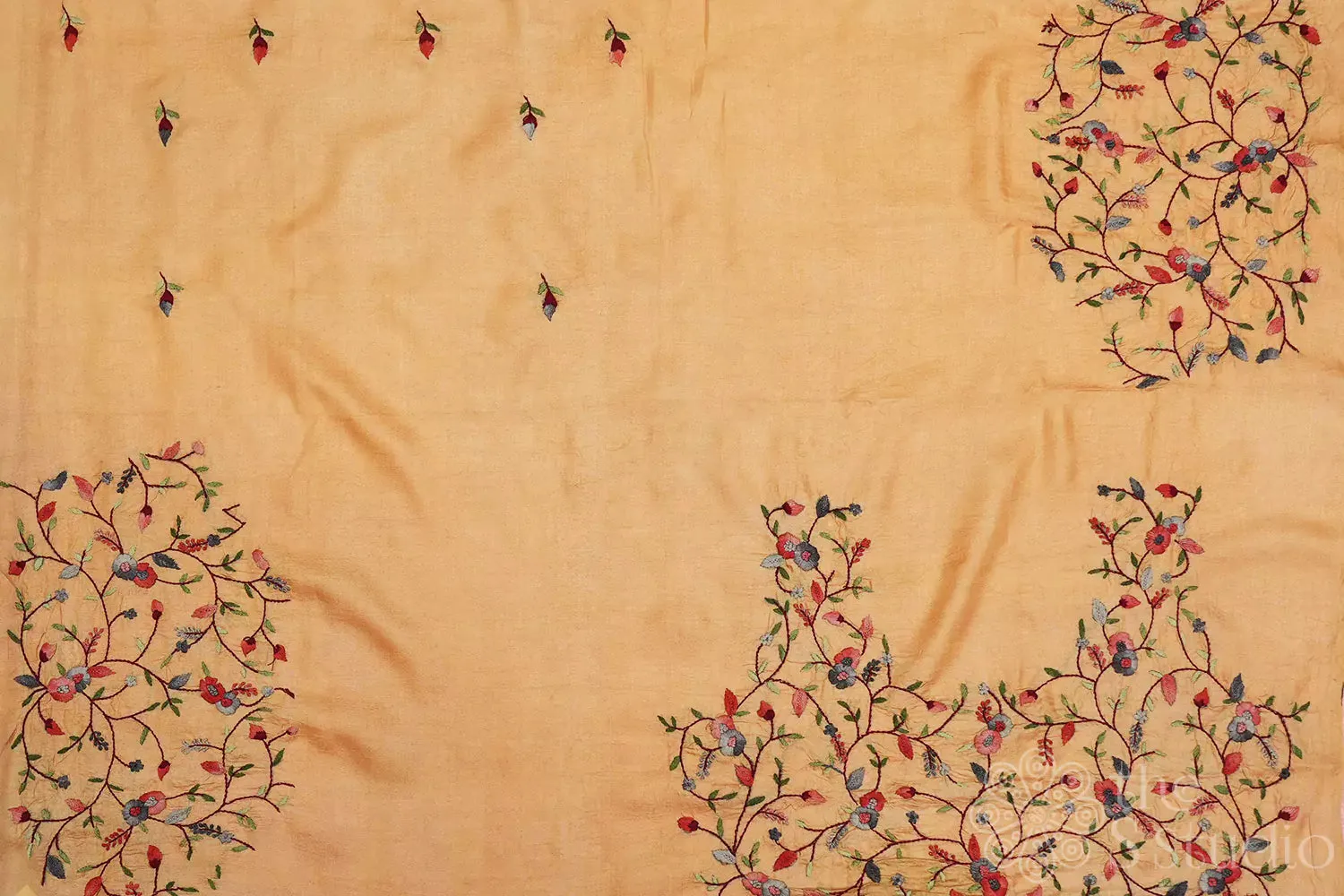 Beige tussar fabric with floral kutch hand embroidery
