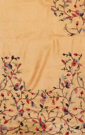 Beige tussar fabric with floral kutch hand embroidery