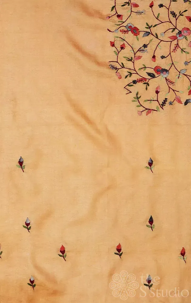 Beige tussar fabric with floral kutch hand embroidery