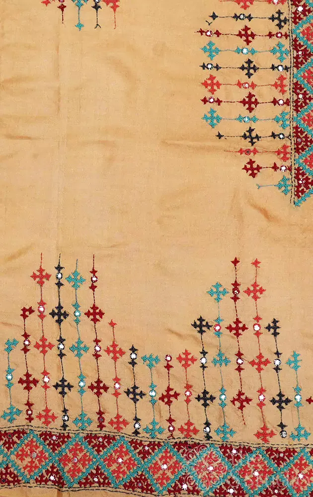 Beige tussar material with mirror work kutch hand embroidery
