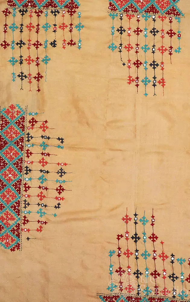 Beige tussar material with mirror work kutch hand embroidery