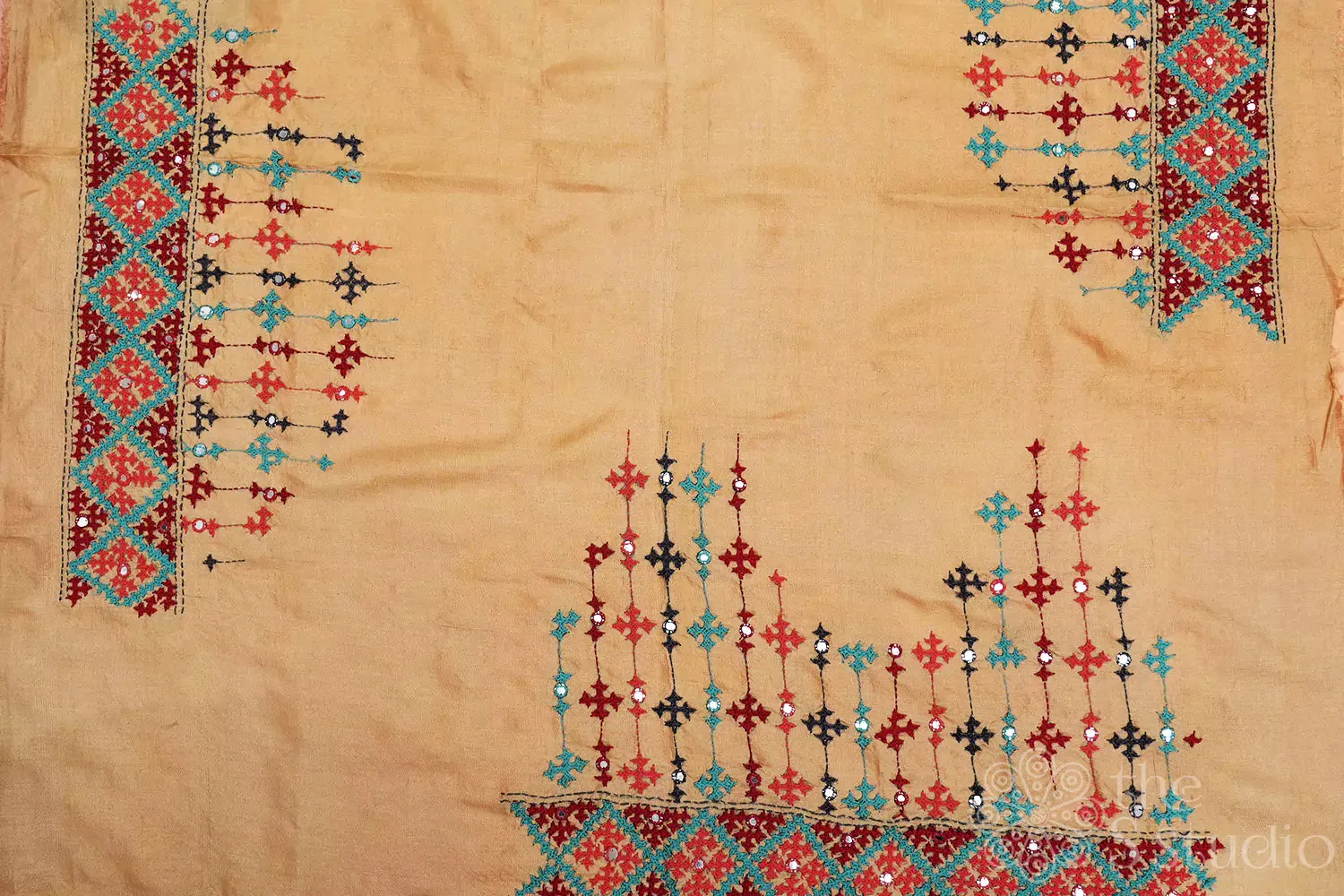 Beige tussar material with mirror work kutch hand embroidery