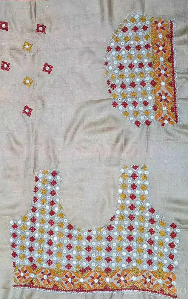 Beige tussar silk material with mirror work kutch hand embroidery