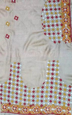 Beige tussar silk material with mirror work kutch hand embroidery