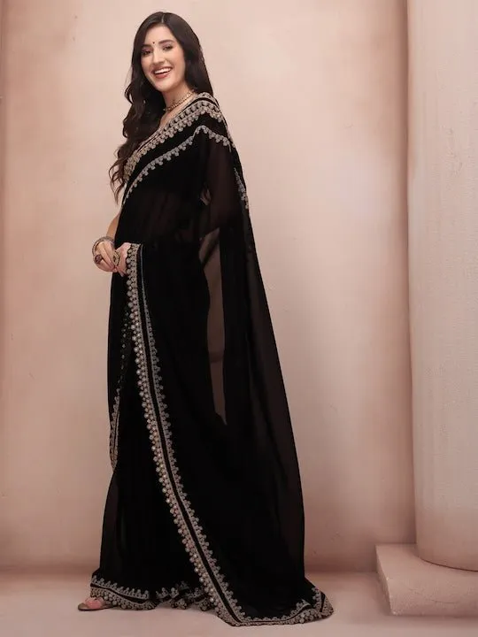 Black & Gold-Toned Embellished Embroidered Poly Georgette Saree
