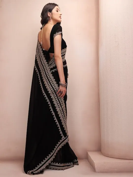 Black & Gold-Toned Embellished Embroidered Poly Georgette Saree
