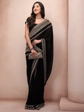Black & Gold-Toned Embellished Embroidered Poly Georgette Saree