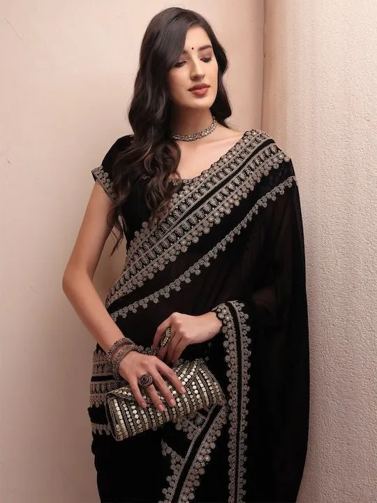 Black & Gold-Toned Embellished Embroidered Poly Georgette Saree