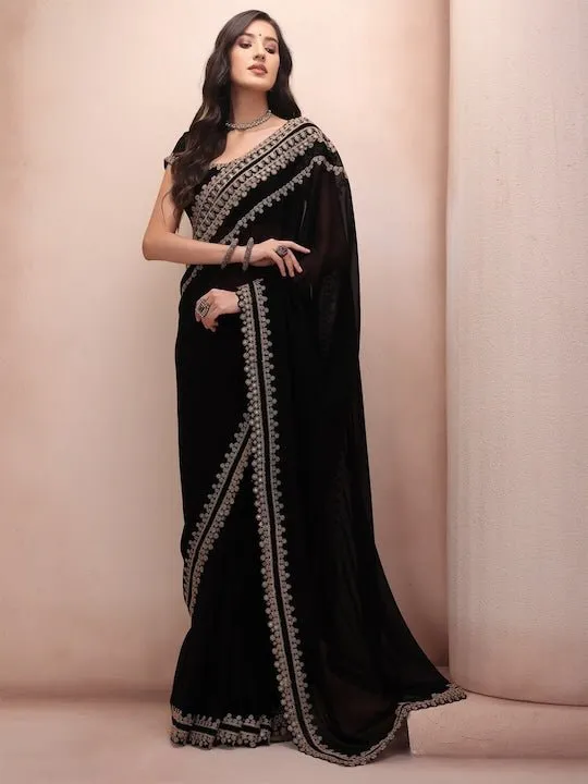 Black & Gold-Toned Embellished Embroidered Poly Georgette Saree