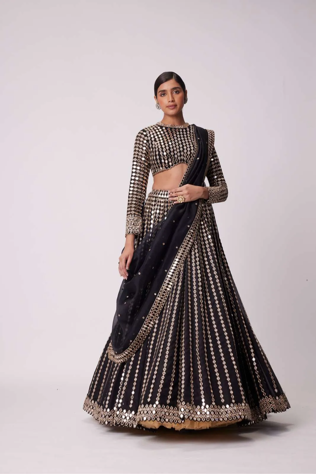 BLACK LINEAR MIRROR EMBROIDERED ORGANZA LEHENGA SET