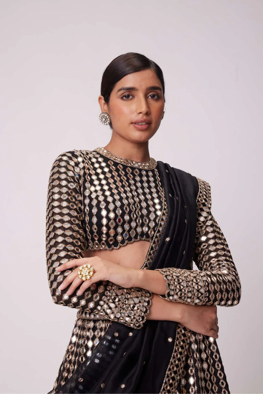 BLACK LINEAR MIRROR EMBROIDERED ORGANZA LEHENGA SET