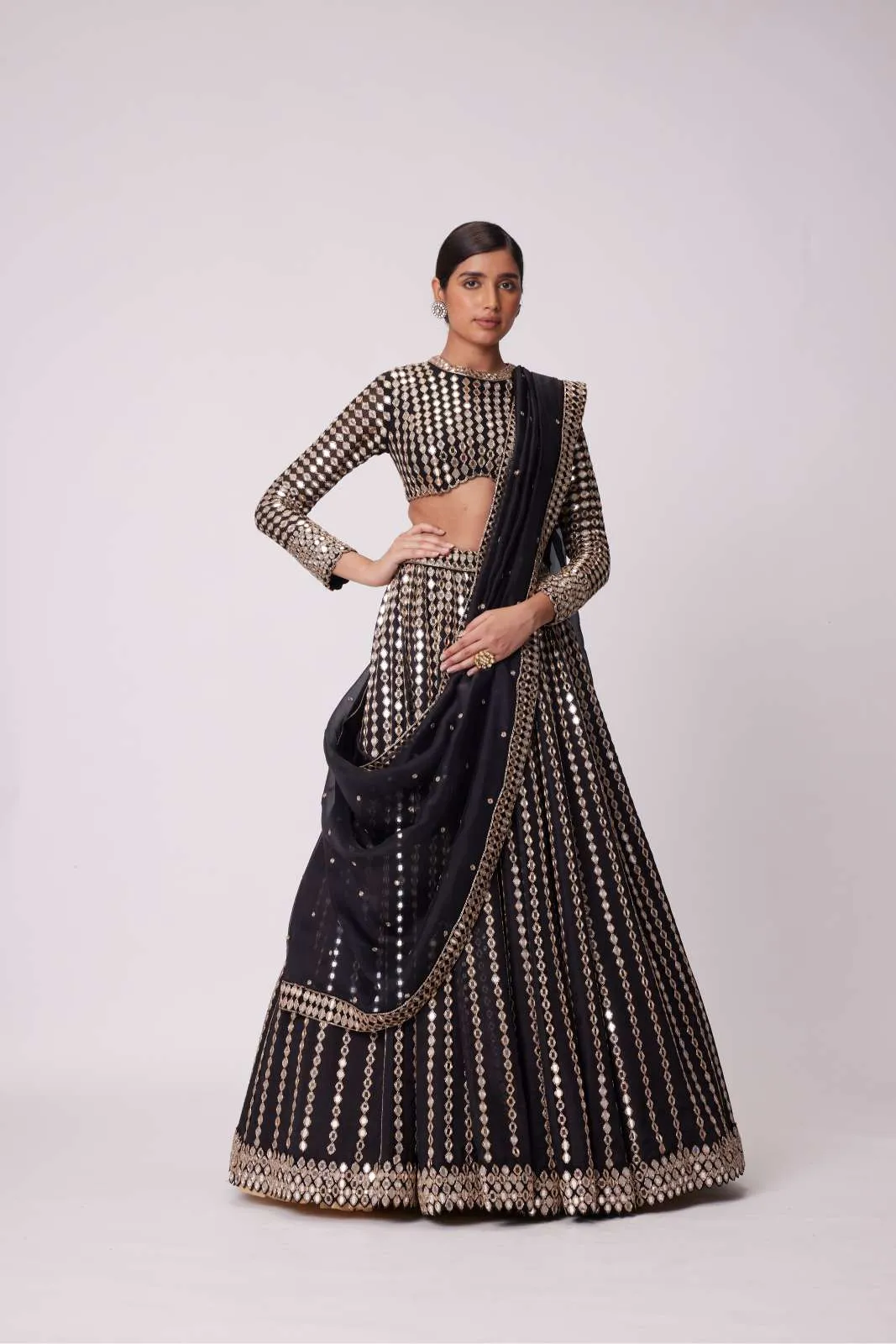 BLACK LINEAR MIRROR EMBROIDERED ORGANZA LEHENGA SET