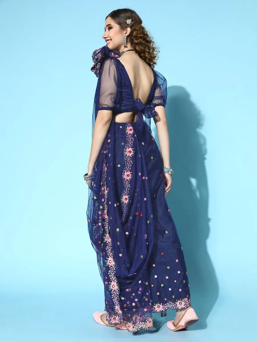 Blue Saree with Embroidered border