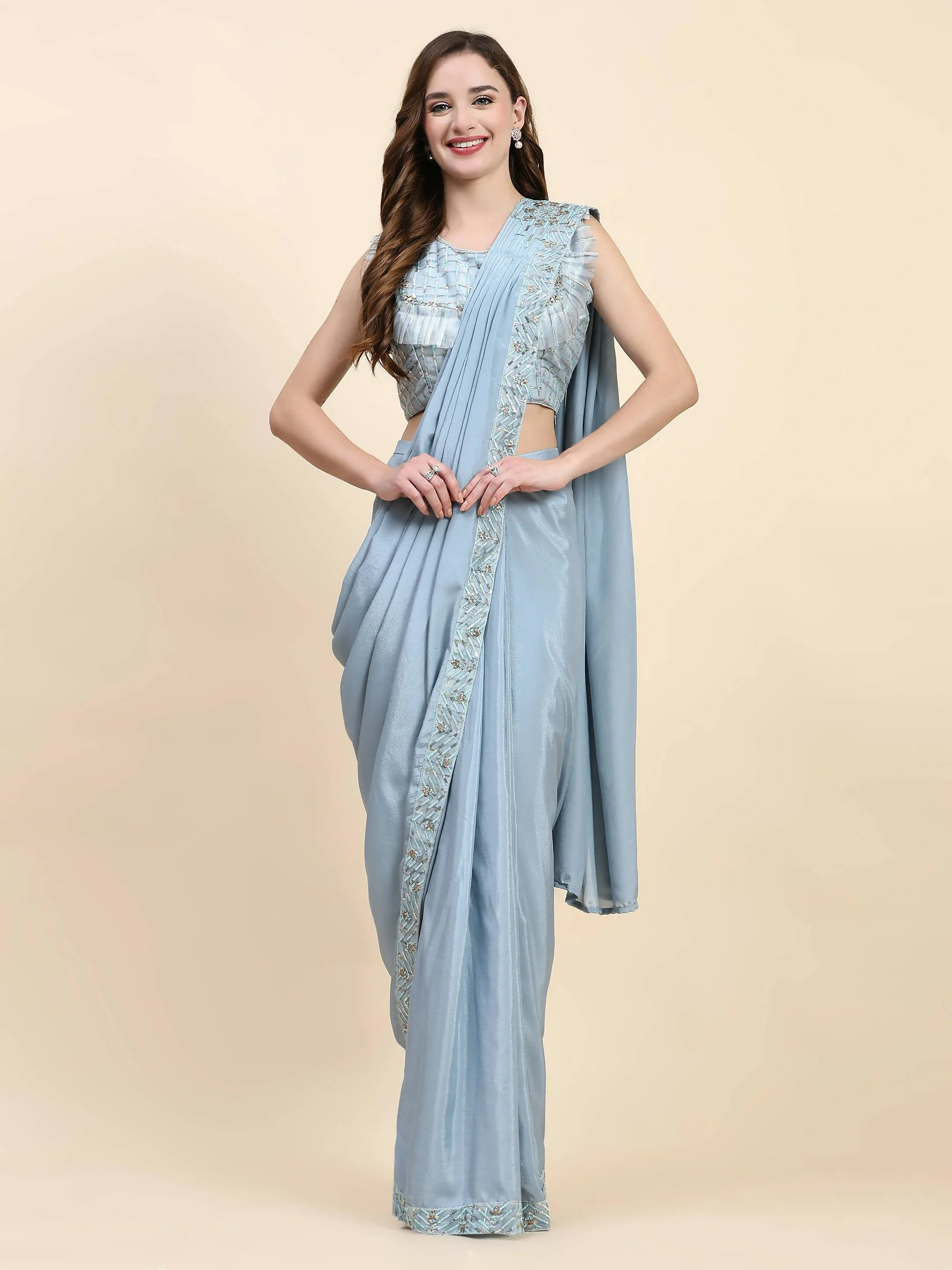 Blue Silk Satin Solid Ready to wear Saree with stitched Blouse - Satiksha