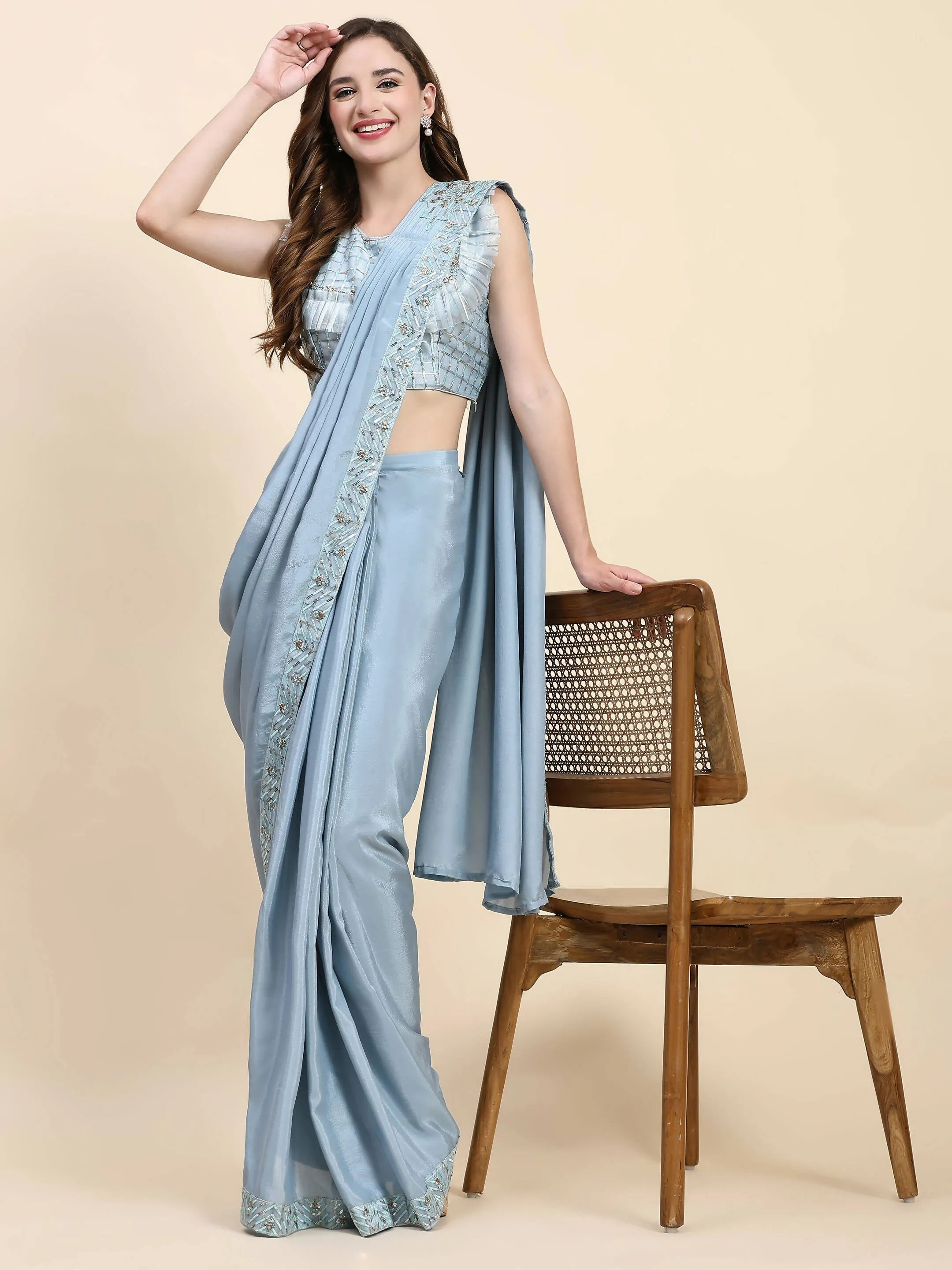 Blue Silk Satin Solid Ready to wear Saree with stitched Blouse - Satiksha