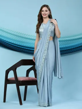 Blue Silk Satin Solid Ready to wear Saree with stitched Blouse - Satiksha