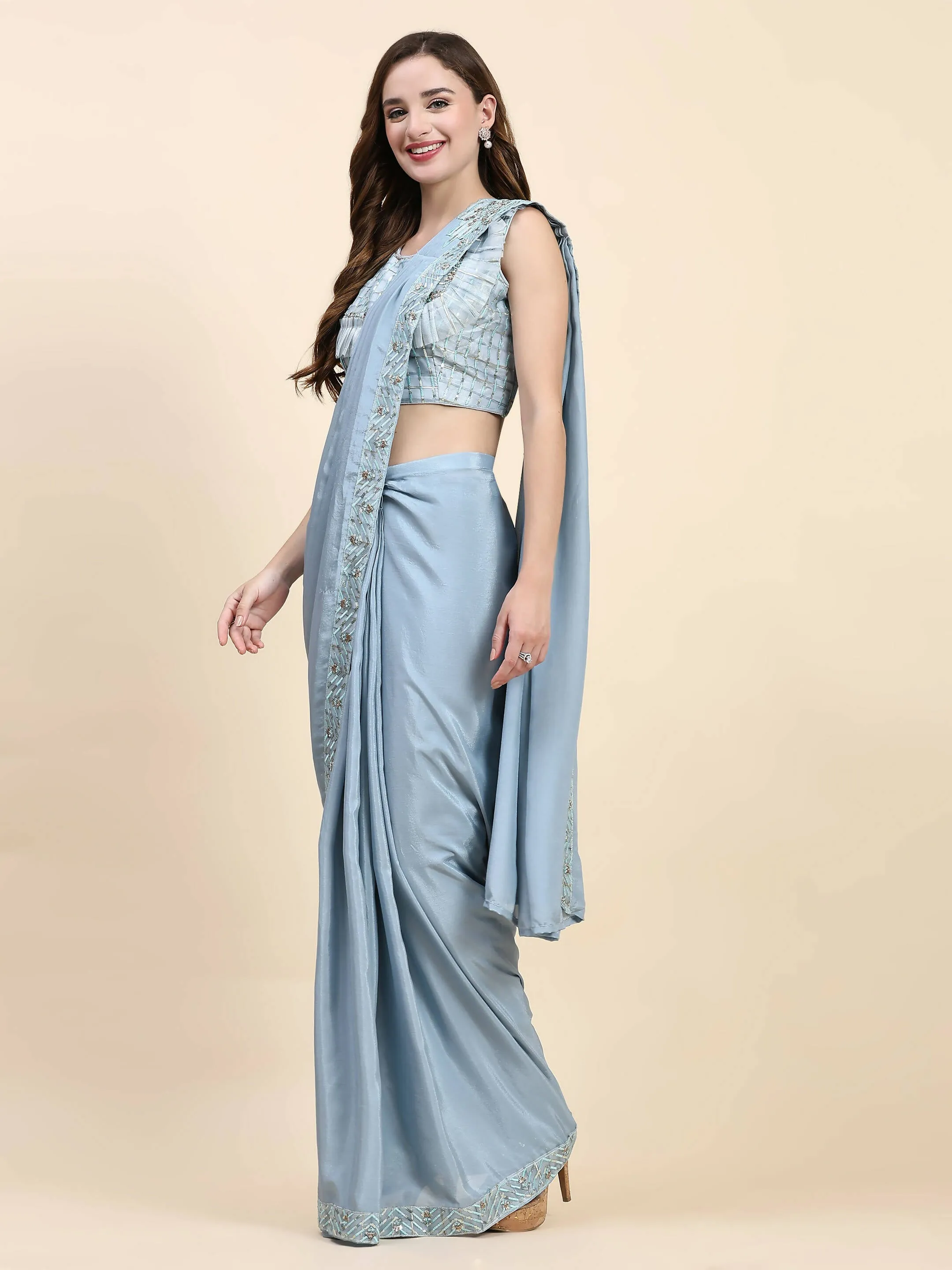 Blue Silk Satin Solid Ready to wear Saree with stitched Blouse - Satiksha