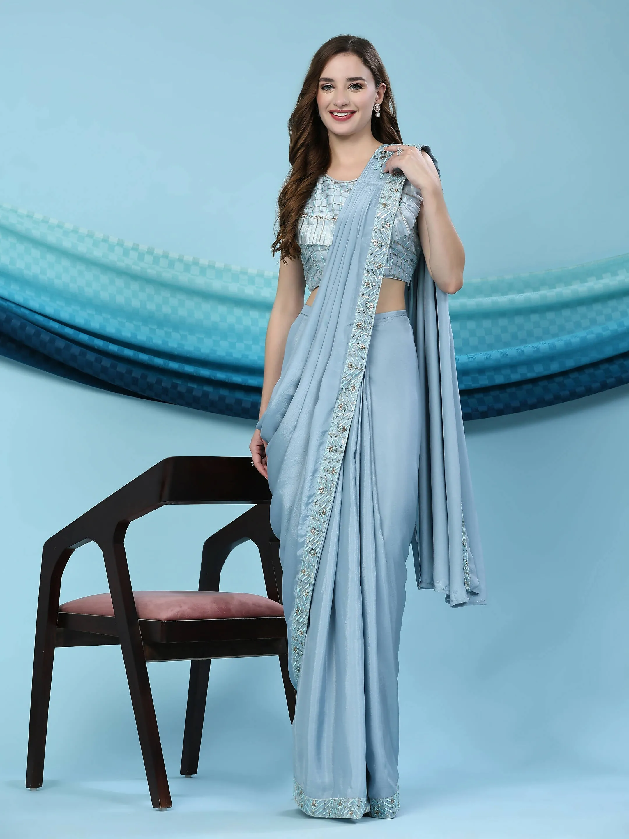 Blue Silk Satin Solid Ready to wear Saree with stitched Blouse - Satiksha