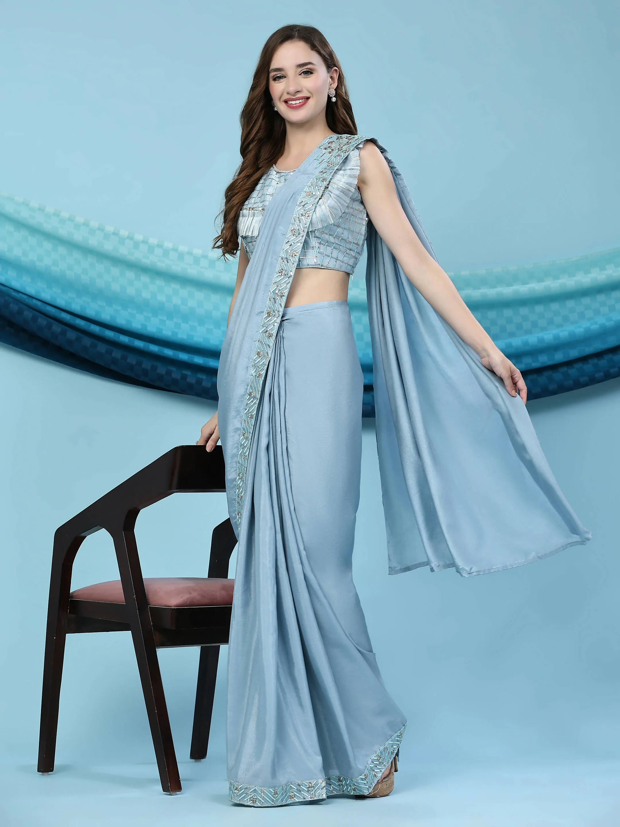 Blue Silk Satin Solid Ready to wear Saree with stitched Blouse - Satiksha
