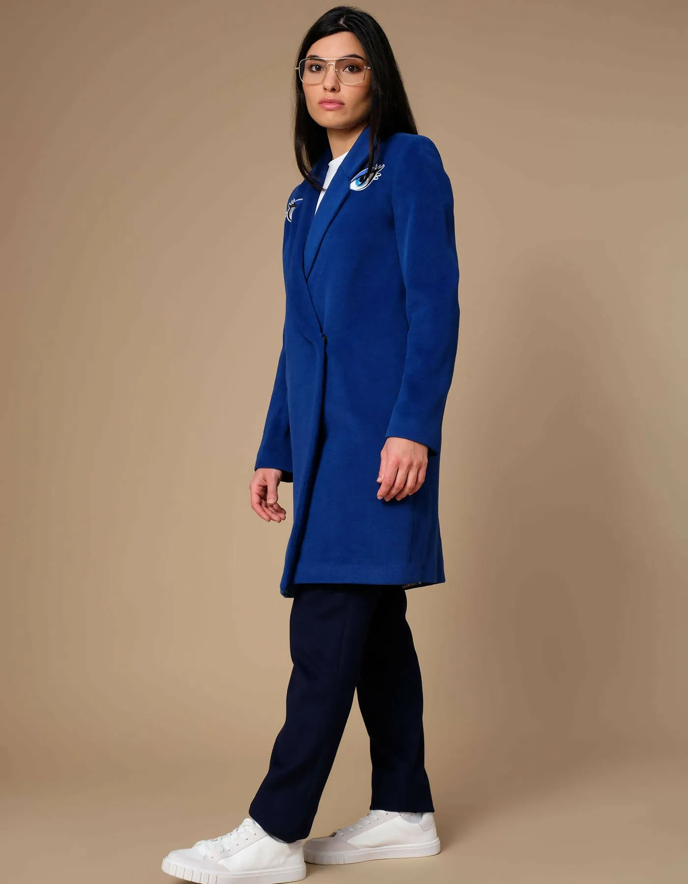 Blue wool coat embroidery
