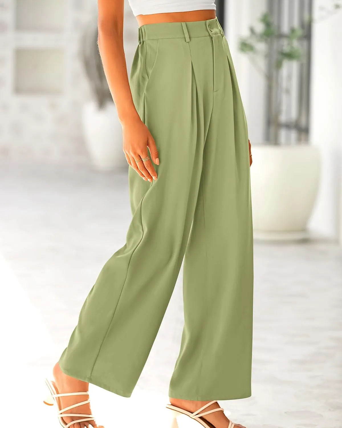 BTFBM Women High Waist Palazzo Pants Casual Wide Leg Trousers Button Down Loose Work Office Business Suit Pant Pockets