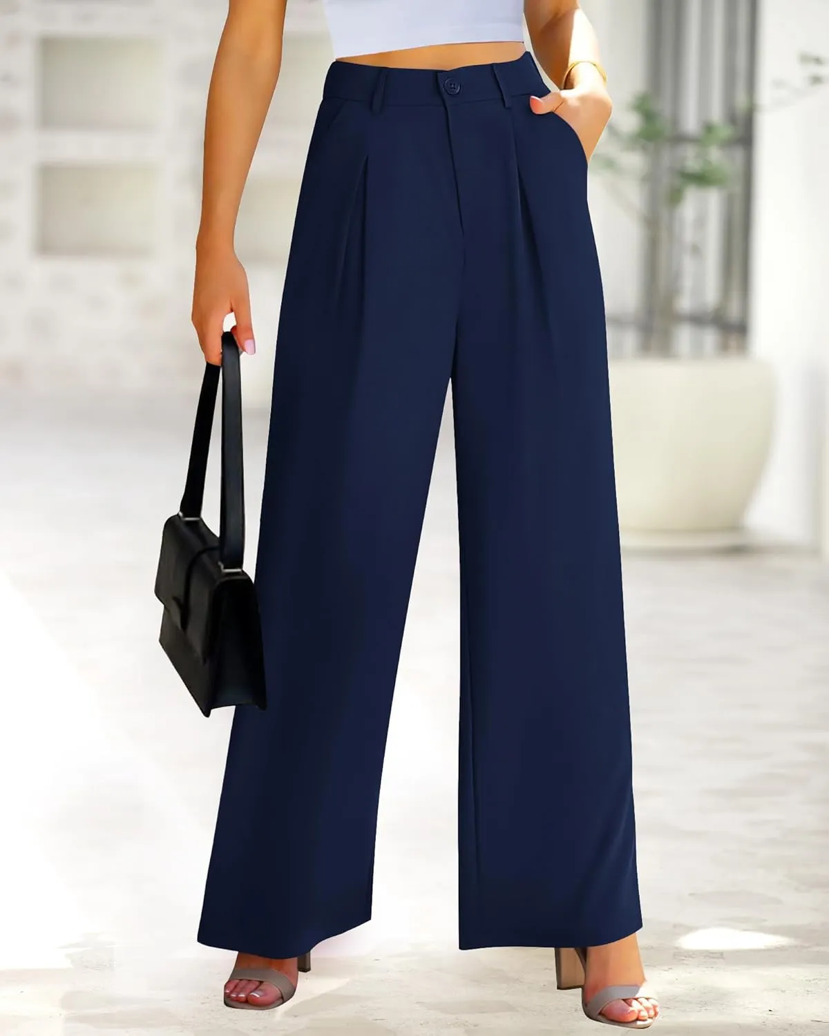 BTFBM Women High Waist Palazzo Pants Casual Wide Leg Trousers Button Down Loose Work Office Business Suit Pant Pockets