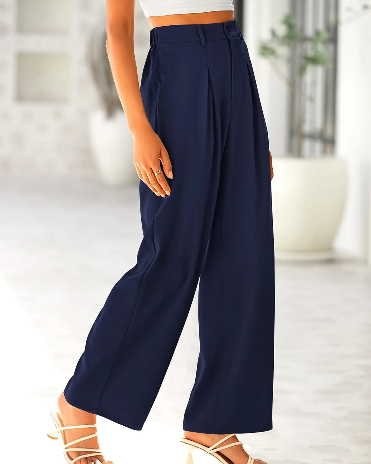 BTFBM Women High Waist Palazzo Pants Casual Wide Leg Trousers Button Down Loose Work Office Business Suit Pant Pockets