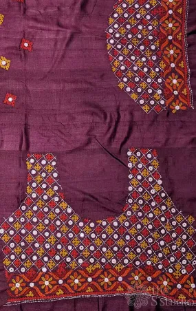 Burgundy tussar silk material with mirror work kutch hand embroidery