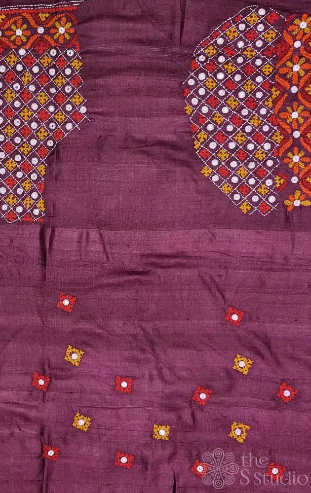 Burgundy tussar silk material with mirror work kutch hand embroidery