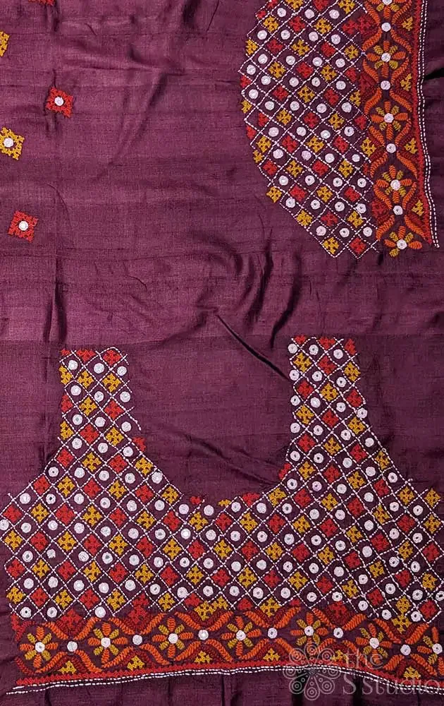 Burgundy tussar silk material with mirror work kutch hand embroidery