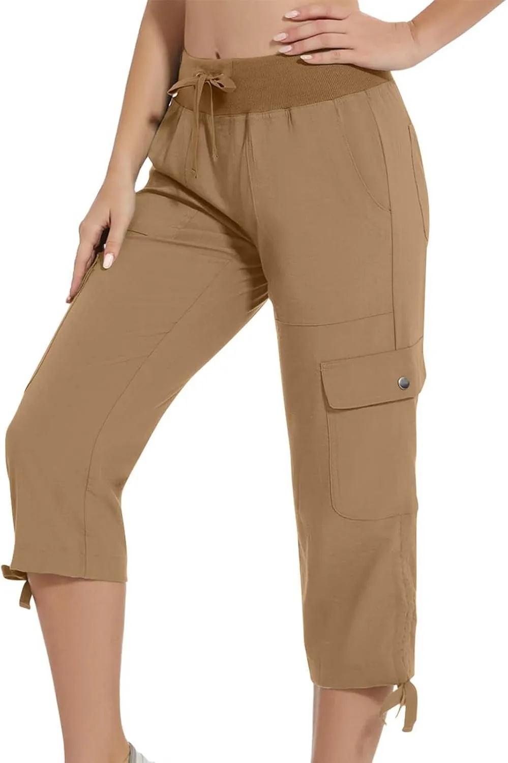 Cargo Capri Pants for Women Lace-Up Elastic Waist Casual Solid Loose Lightweight Outdoor Hiking Capris with Pockets