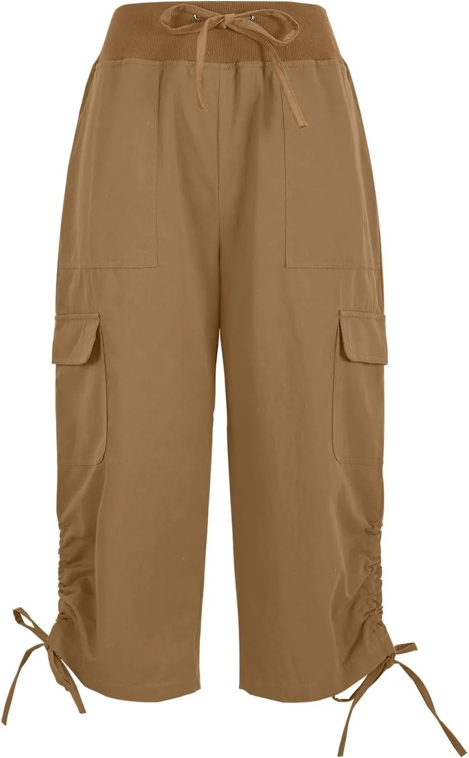 Cargo Capri Pants for Women Lace-Up Elastic Waist Casual Solid Loose Lightweight Outdoor Hiking Capris with Pockets