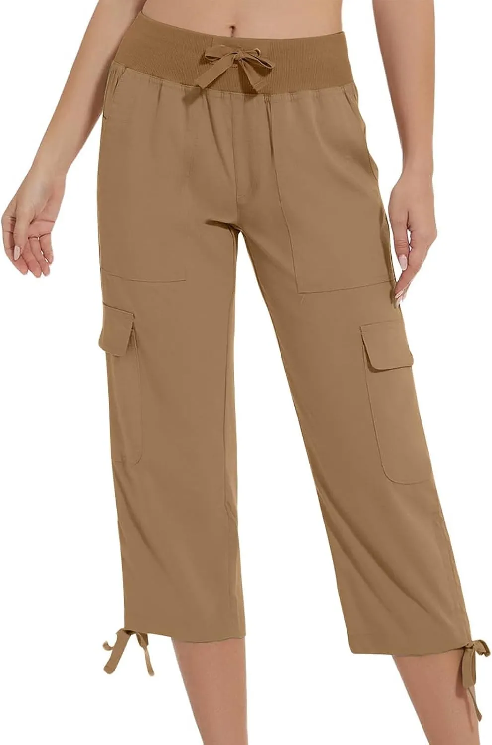 Cargo Capri Pants for Women Lace-Up Elastic Waist Casual Solid Loose Lightweight Outdoor Hiking Capris with Pockets
