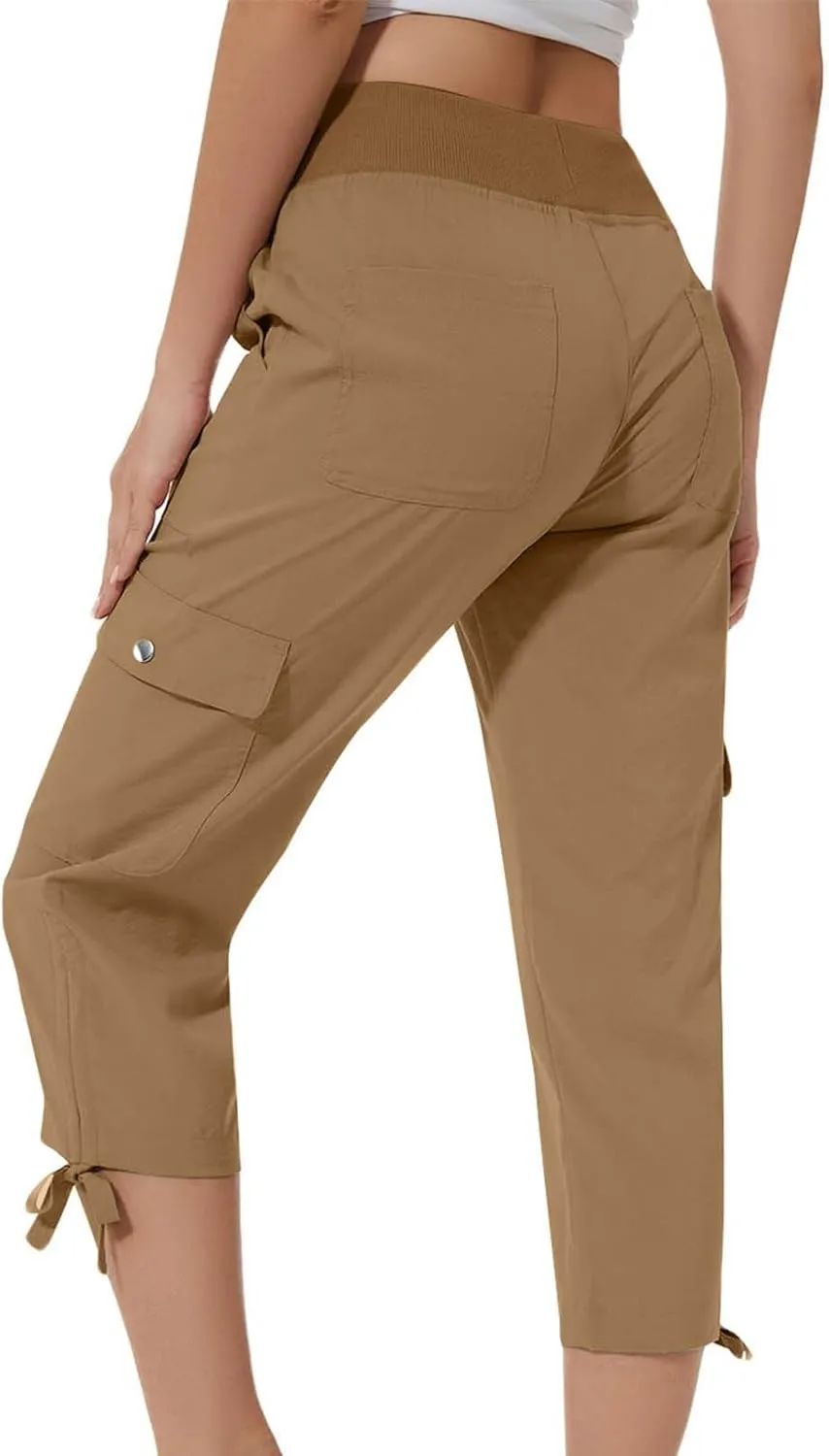 Cargo Capri Pants for Women Lace-Up Elastic Waist Casual Solid Loose Lightweight Outdoor Hiking Capris with Pockets