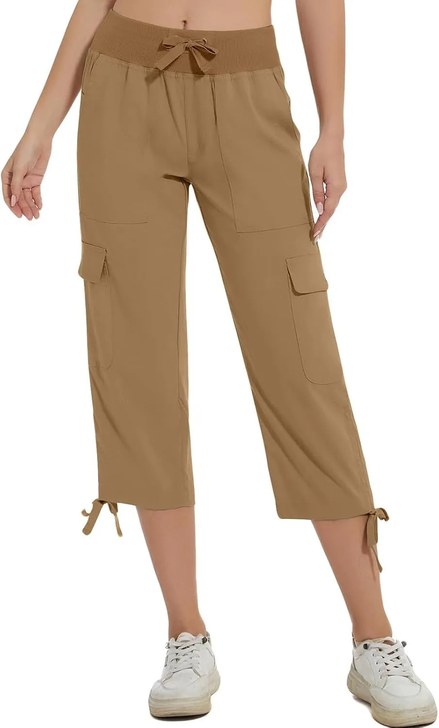 Cargo Capri Pants for Women Lace-Up Elastic Waist Casual Solid Loose Lightweight Outdoor Hiking Capris with Pockets