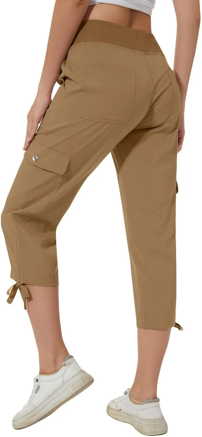Cargo Capri Pants for Women Lace-Up Elastic Waist Casual Solid Loose Lightweight Outdoor Hiking Capris with Pockets
