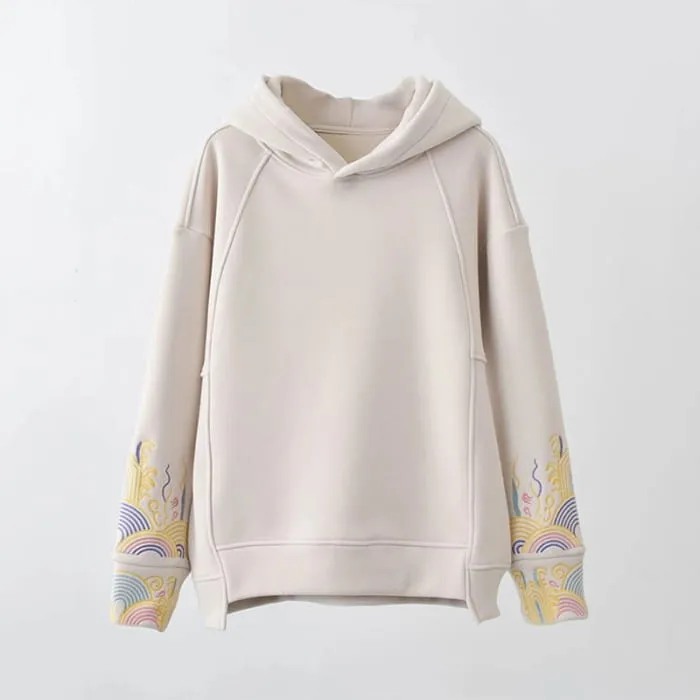 Casual Floral Embroidery Plush Loose Hoodie