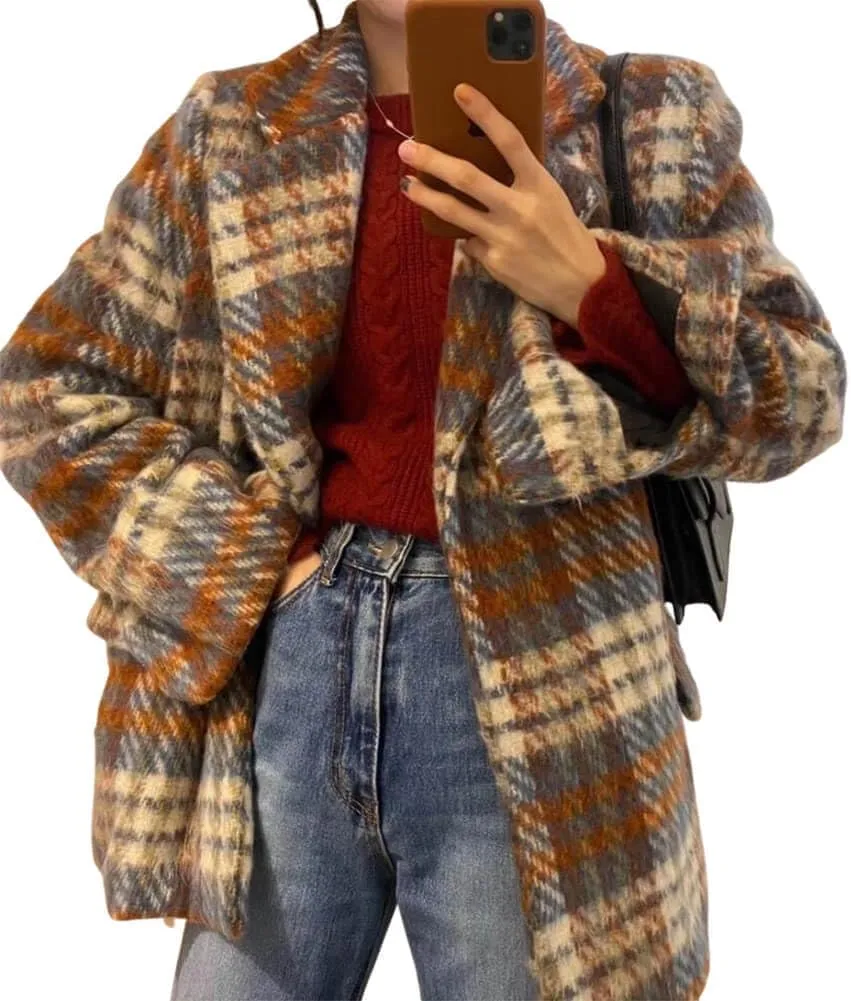 CHARTOU Women's Wool Blend Coat Tailored Collar Tartan Blazer Jacket Plaid Quilted Warm Winter Midi Coat Outwear