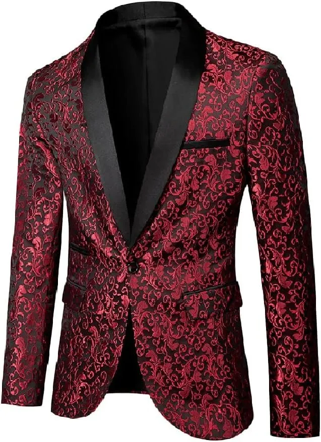 Cloudstyle Mens Floral Jacquard Dress Suit Jacket 1 Button Print Tux Blazer Sport Coat