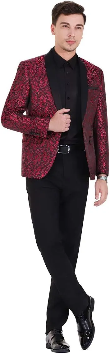 Cloudstyle Mens Floral Jacquard Dress Suit Jacket 1 Button Print Tux Blazer Sport Coat
