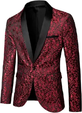 Cloudstyle Mens Floral Jacquard Dress Suit Jacket 1 Button Print Tux Blazer Sport Coat