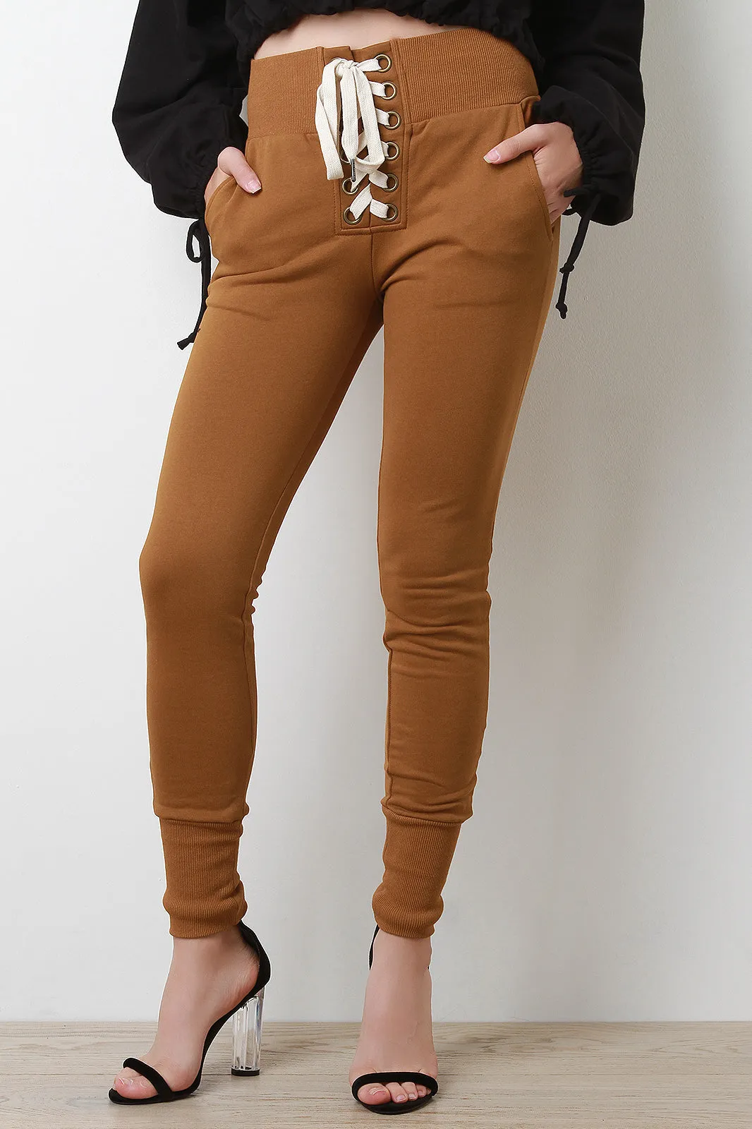 Corset Lace-Up French Terry Fitted Jogger Pants