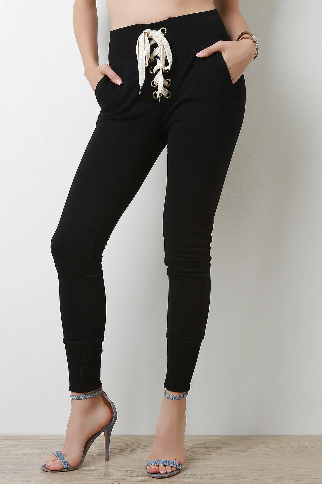Corset Lace-Up French Terry Fitted Jogger Pants